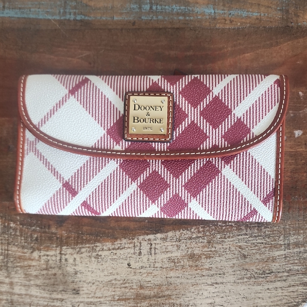 Dooney And Bourke 1975 Leather Plaid Long Wallet Cream Brown Wine